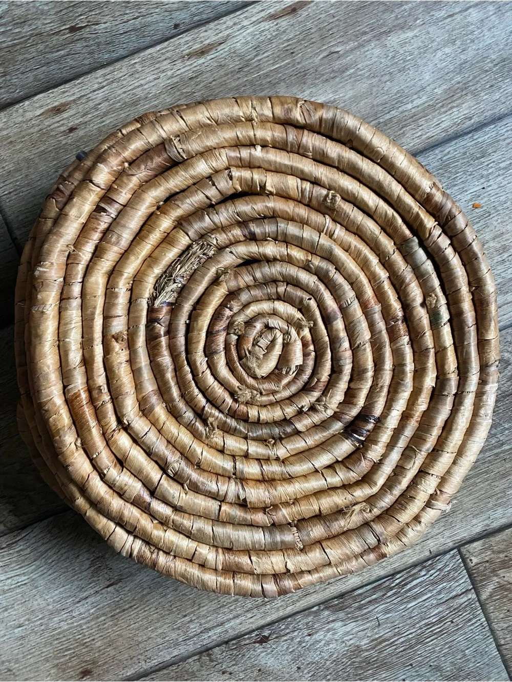 Vintage Handwoven Coiled Basket Tray with Handles – 14” Boho Decor Centerpiece